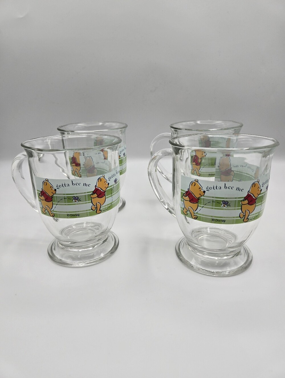 Vintage Anchor Hocking Disney Winnie The Pooh Gotta Bee Me Clear Glass Mugs 4pc